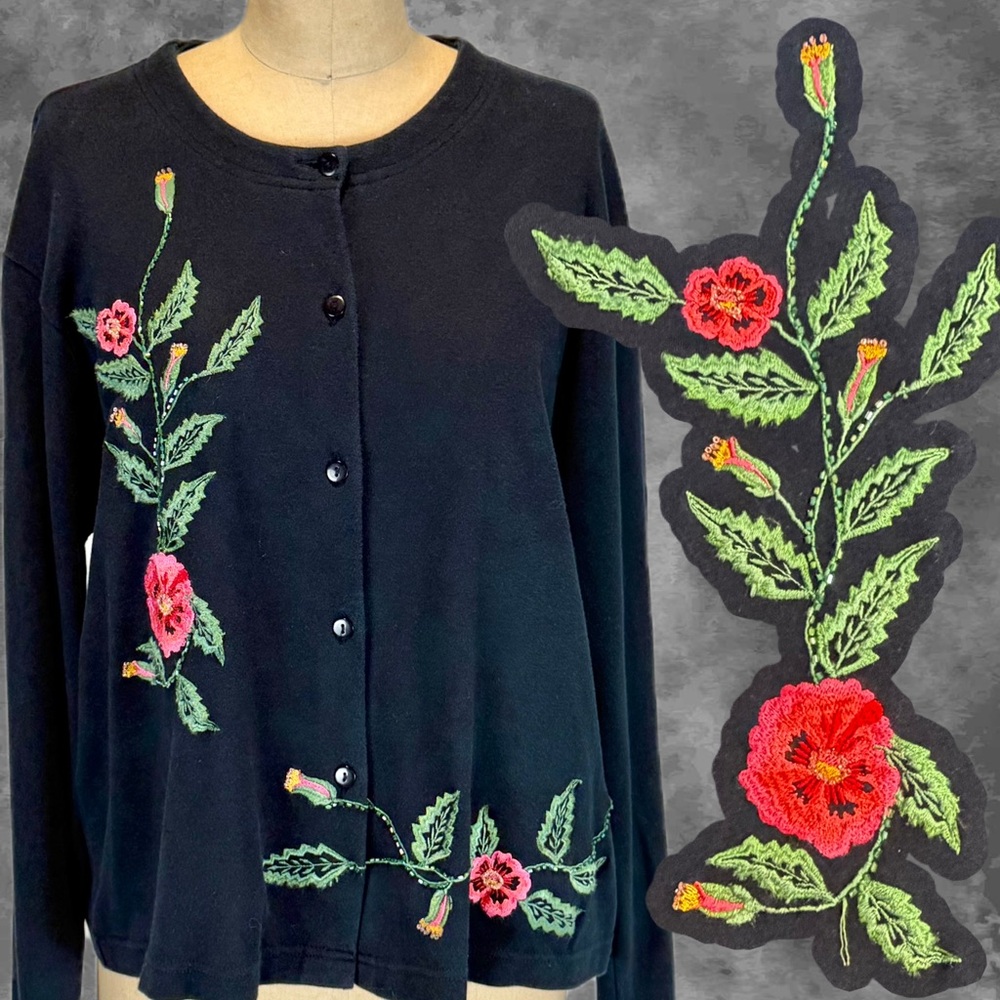 VINTAGE embroidered climbing poppy flower‎ vine knit top button front cardigan M